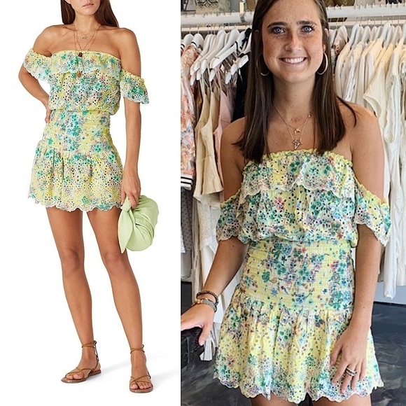 RAMY BROOK Floral Print Eyelet Ruffled Off Shoulder Smocked Waist Mini Dress XL - Picture 1 of 8